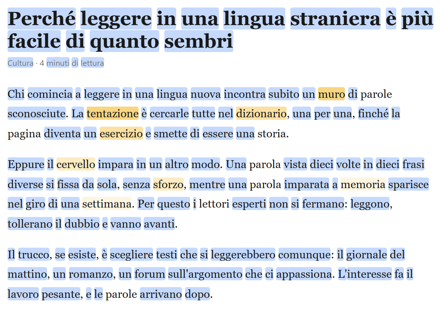 An Italian article with most words highlighted blue, a handful in four shades of yellow from strong to faint, and a few words with no highlight.