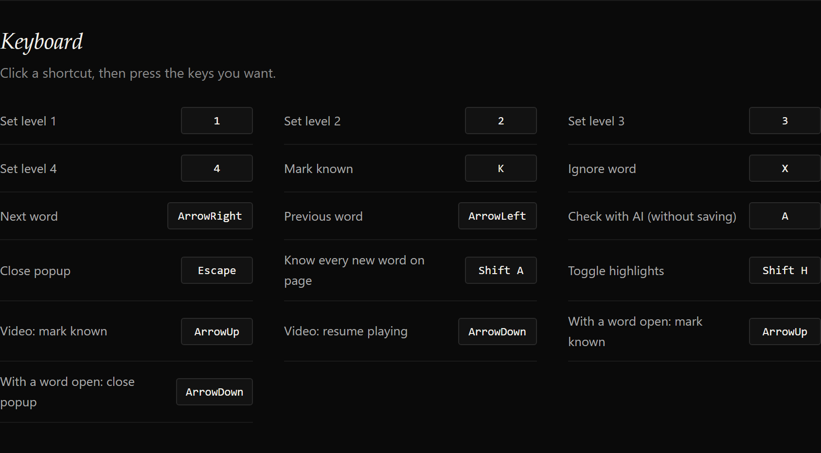 The Keyboard settings card listing every shortcut with its current key: levels 1 to 4, K, X, ArrowRight, ArrowLeft, A, Escape, Shift A, Shift H, and the video and open-word arrow bindings.