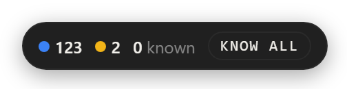 The counter island: a blue dot with 123, a yellow dot with 2, 0 known, and a Know all button.