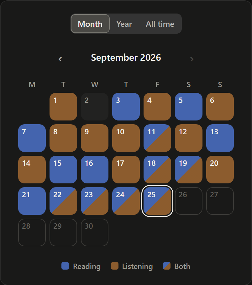 The month calendar on the Statistics tab: each day coloured blue for reading, orange for listening, or split between the two.
