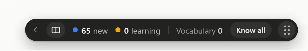 The stats pill: 65 new, 0 learning, Vocabulary 0, a Know all button, and six dots at its right end.
