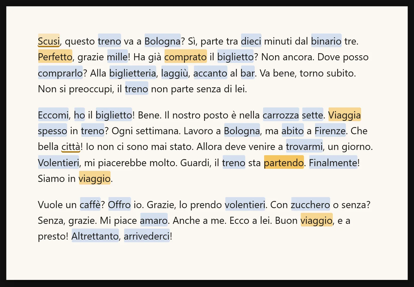 An Italian subtitle file, Il treno, open as a book: its dialogue joined into three paragraphs, new words in blue and learning words in amber.