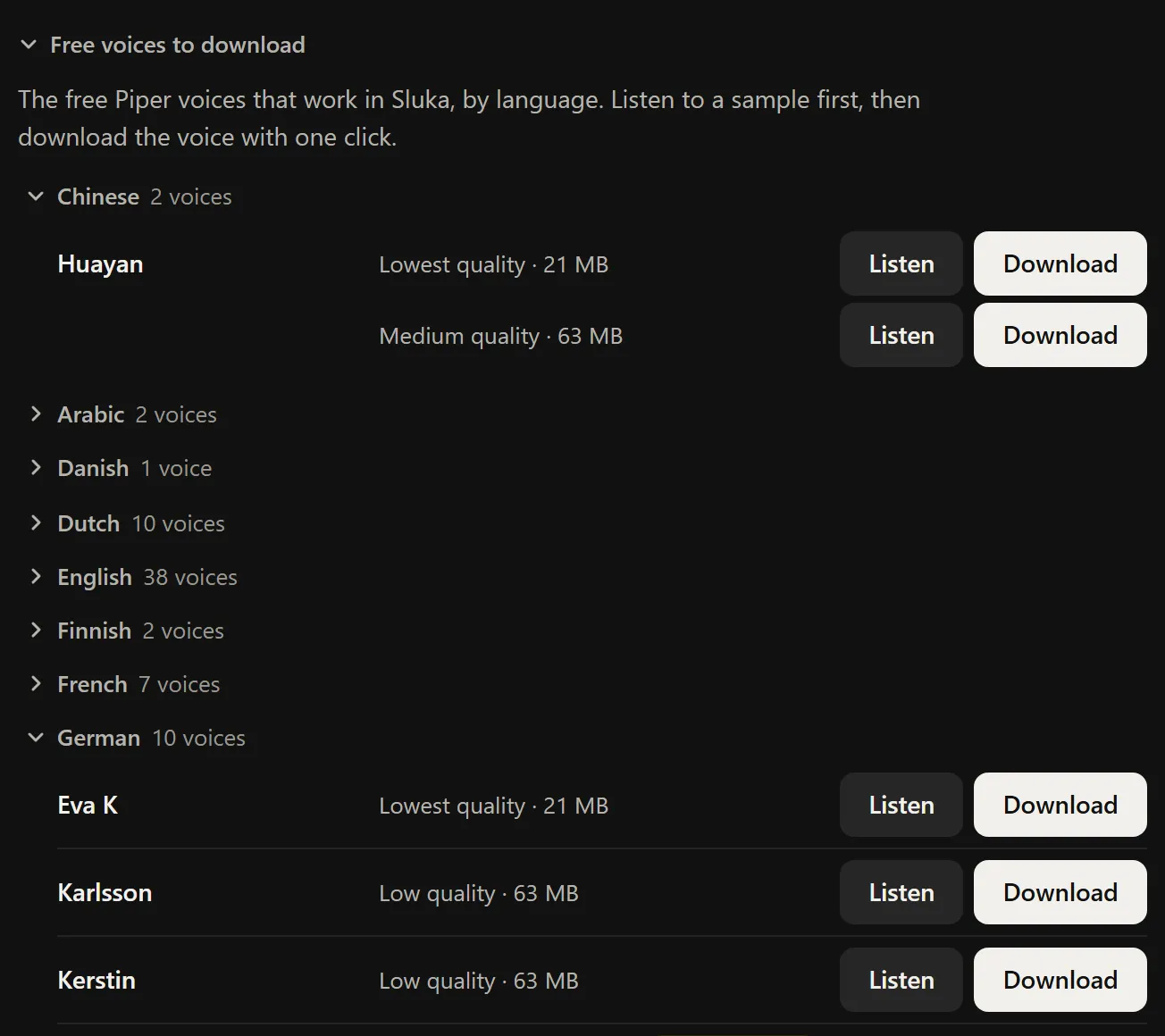 The Free voices to download list: Chinese open with the voice Huayan in two qualities, 21 and 63 MB, each with a Listen and a Download button; Arabic, Danish, Dutch, English, Finnish and French folded; German open with Eva K, Karlsson and Kerstin.